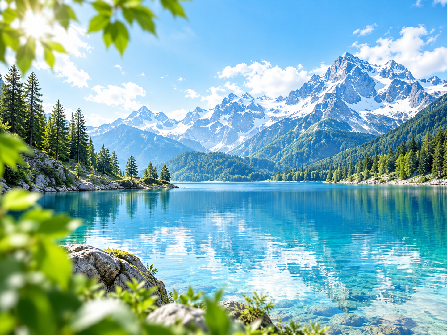 Clear mountain lake surrounded by forest and mountains